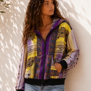 Soft Touch Recycled Sari Hoodie | Luxury Silk Blend Hooded Jacket | Bohemian Zip Up Sweatshirt | Size S-M