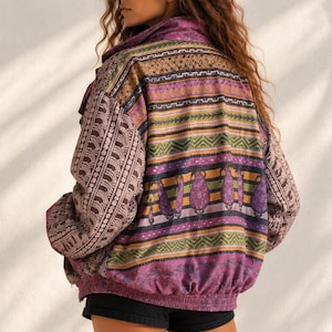 Oversized Recycled Sari Bomber Jacket | Handmade Winter Boho Jacket | One of a Kind Silk Jacket | Sweatshirt-Lined. S-M. "Amethyst Mosaic"
