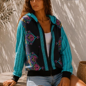 Recycled Sari Hooded Jacket | Handmade Boho Zip Sweatshirt | Ethnic Hippie Festival Clothing | Size S-M