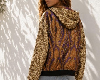 One of a Kind Hooded Sari Bomber Jacket | Handmade Silk Blend Jacket | Boho Women's Jacket | Size S-M