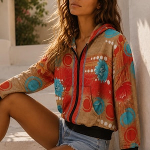Puede incluir: Una sudadera con cremallera sobre una base de color tostado con un patrón vibrante de motivos florales rojos y azules y formas circulares. La prenda incluye una cremallera negra, puños y dobladillo negros, y el texto KALA SARI en la esquina.