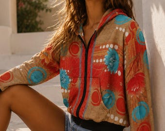 One of a Kind Hooded Sari Bomber Jacket | Handmade Silk Blend Jacket | Boho Women's Jacket | Size S-M