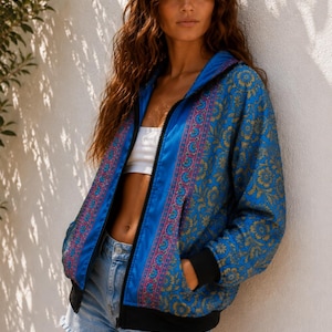 Jaqueta com capuz feita com sari reciclado | Moletom boho com zíper feito à mão | Roupa étnica hippie para festivais | Tamanhos P-M