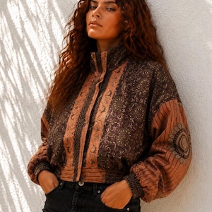 L-XL Recycled Silk Sari Bomber Jacket – Warm Lined | One of a Kind Boho Jacket | Handmade Sustainable ClothingCropped bomber