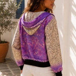 Recycled Sari Hooded Jacket | Handmade Boho Zip Sweatshirt | Ethnic Hippie Festival Clothing | Size S-M