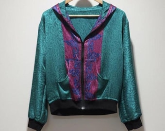 Recycled Sari Bomber Jacket | Silk Blend Boho Jacket | One of a Kind Handmade Jacket