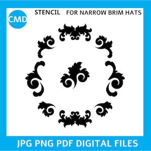 Baroque Scrolls Pattern For Burning Narrow Brim Hats, Pyrography Template,Burned Hat Brim, Hat Stencil, Fedora, Digital files png pdf jpg