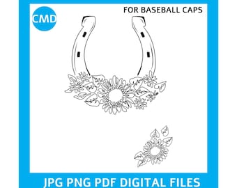 Diseño de gorra de béisbol con herraduras y girasoles, patrón de girasol, gorra de béisbol, plantilla de pirograbado para hacer uno mismo, ala quemada, archivos digitales