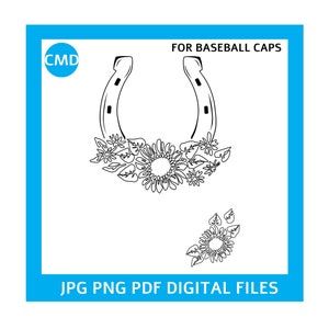 Hufeisen und Sonnenblumen Baseballmütze Burning Design, Sonnenblumenmuster, Baseballkappe, DIY Pyrographie-Vorlage, verbrannter Rand, digitale Dateien