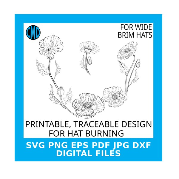 Poppies Hat Burning Design, Floral Pyrography Template, Garden Flowers Pattern, Summer Festival Fashion, DIY Craft, Digital Download