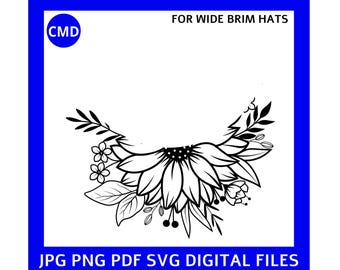 Sonnenblume Blumenhut Brennendes Design, für Hut mit breiter Krempe, Sonnenblumen Muster, Laser freundliche Grafik, SVG png jpg pdf digitale Dateien, Pyrographie