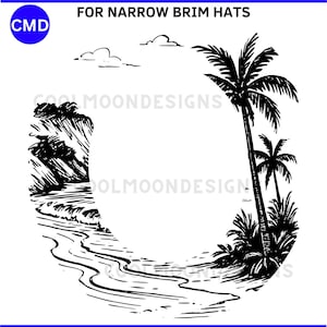 May include: Black and white line art design featuring a tropical beach scene with palm trees, waves, and clouds. Text at the top reads "COMMERCIAL AND PERSONAL USE" and "FOR NARROW BRIM HATS". The design is available in SVG, PNG, JPG, and PDF formats.