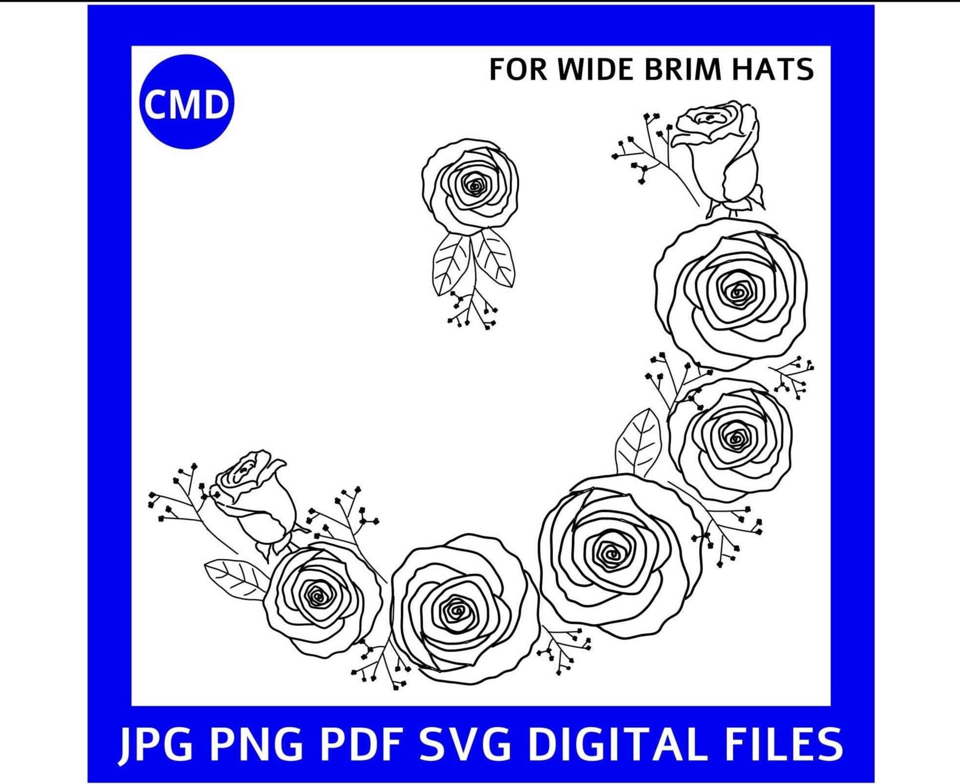 Bridal Rose Hat Burning Design, Flowers and Buds Template, Floral Roses Pyrography Pattern, Wide Brim Hats, Digital Pattern, png pdf jpg SVG