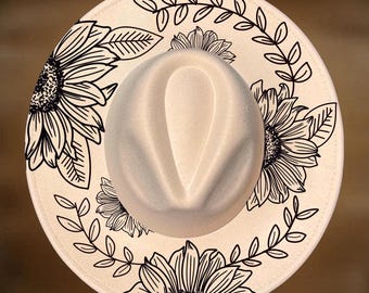 Diseño de girasoles en exhibición para sombrero, patrón de pirograbado de ala ancha, descarga digital.