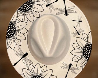 Sunflower Dragonfly Wide Brim Hat Burning Design, Hand Pyrography, Digital Files