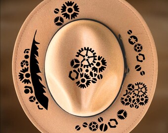 Steampunk Gears Hat Burning Design,  Narrow Brim Pyrography Pattern, Stencil Template, Digital Download