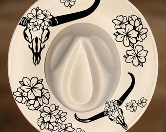 Hat Burning Design Floral Skull Wide Brim Pattern, Hand Pyrography Digital Download