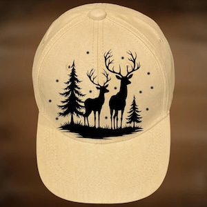 May include: A beige baseball cap featuring a black design of deer and fir trees. The text "For Hand Burning" and "CoolMoonDesigns" are printed on the cap.