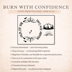 May include: Digital download graphic with the text "Burn with Confidence." The design includes a compass, footprints, and mountain illustrations. The text "Not All Who Wander Are Lost" is also included. The image is ready to use.