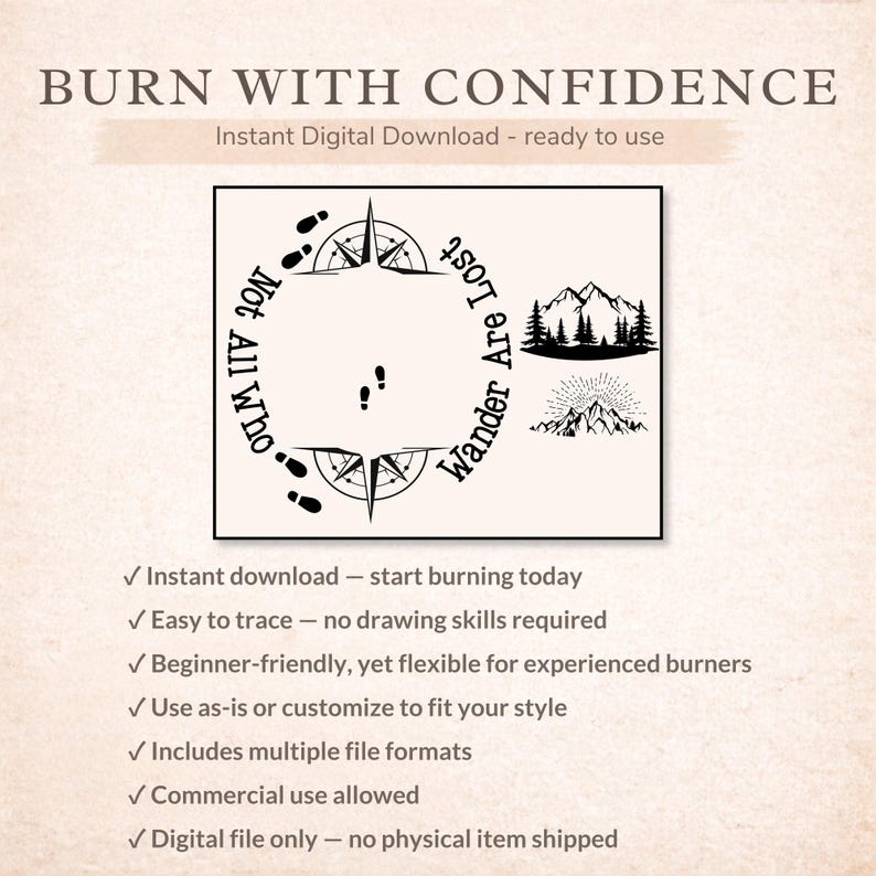 May include: Digital download graphic with the text "Burn with Confidence." The design includes a compass, footprints, and mountain illustrations. The text "Not All Who Wander Are Lost" is also included. The image is ready to use.