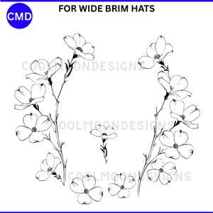 May include: Black and white floral design for wide brim hats. The image features a circular arrangement of flowers and stems, with additional individual flower illustrations. Text at the top reads "COMMERCIAL AND PERSONAL USE" and "FOR WIDE BRIM HATS".