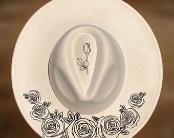 Rose Bud Wide Brim Hat Burning Design, Floral Hand Pyrography,  Digital Download