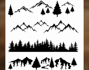 Puede incluir: Diseños de siluetas de montañas y bosques en blanco y negro para quemado a mano. La imagen incluye el texto "For Hand Burning" y "CoolMoonDesigns". Los diseños presentan varias cordilleras, árboles y una escena forestal.