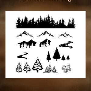 May include: Black and white illustrations of nature elements for hand burning. Includes silhouettes of trees, mountains, and winding rivers. The text "For Hand Burning" and "CoolMoonDesigns" are also present.