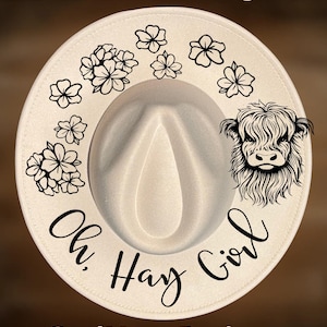 Oh Hay Girl Highland Cow Hat Burning Design Wide Brim, Hand Pyrography Digital Files
