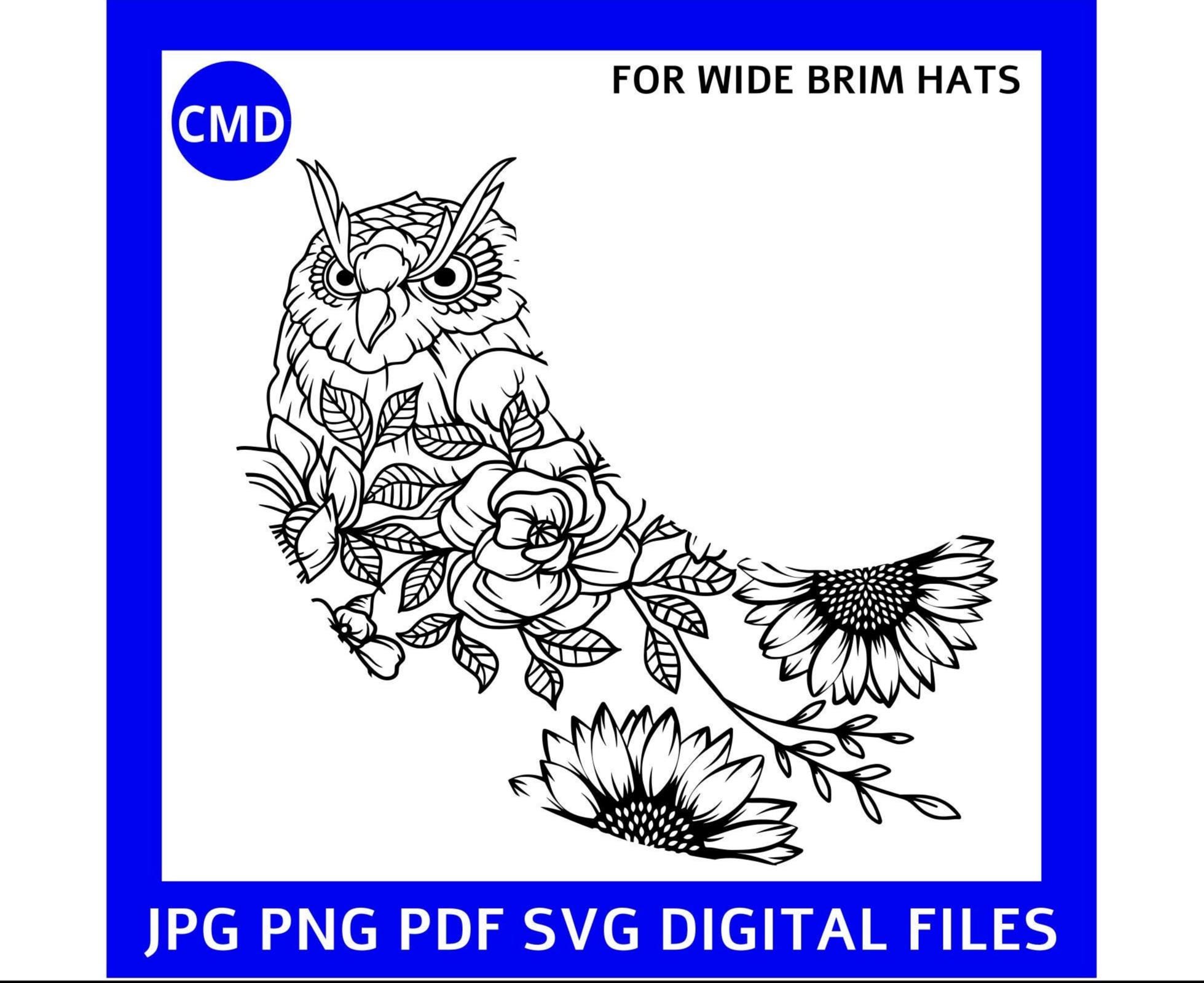 Boho Style Owl and Sunflower Hat Burning Design, Owl Floral Hat Pattern For Wide Brim Hat, Pyrograph