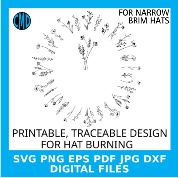 Conception gravée de chapeau avec traçabilité, motif traçable de fleurs sauvages, impression de traces de brûlure, chapeaux Fedora bord étroit, fichier numérique, outil de gravure de chapeau bricolage