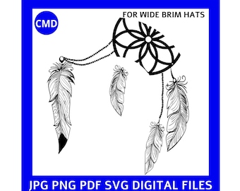 Chapéu de Caçador de Sonhos Grande com Design Queimado, Padrão de Penas Boho, Sudoeste, Rodeio Ocidental, Modelo de Pirografia DIY, Arquivos Digitais png pdf jpg SVG