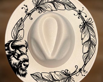 Brandmalerei-Design mit Bisonfedern für Hüte, Brandmalerei-Muster mit breiter Krempe, Western-Digital-Download