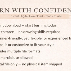 May include: A digital informational graphic with the text BURN WITH CONFIDENCE and Instant Digital Download - ready to use. It lists features including instant download, easy to trace, beginner-friendly, customisable, multiple file formats, commercial use allowed, and digital file only.