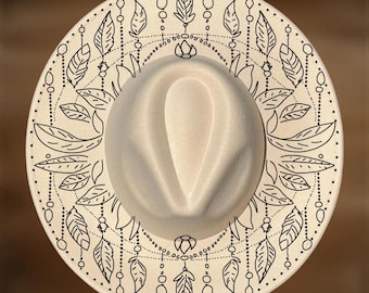 Beads And Feathers Hat Burning Design,  Wide Brim Pyrography Pattern,  Digital Download