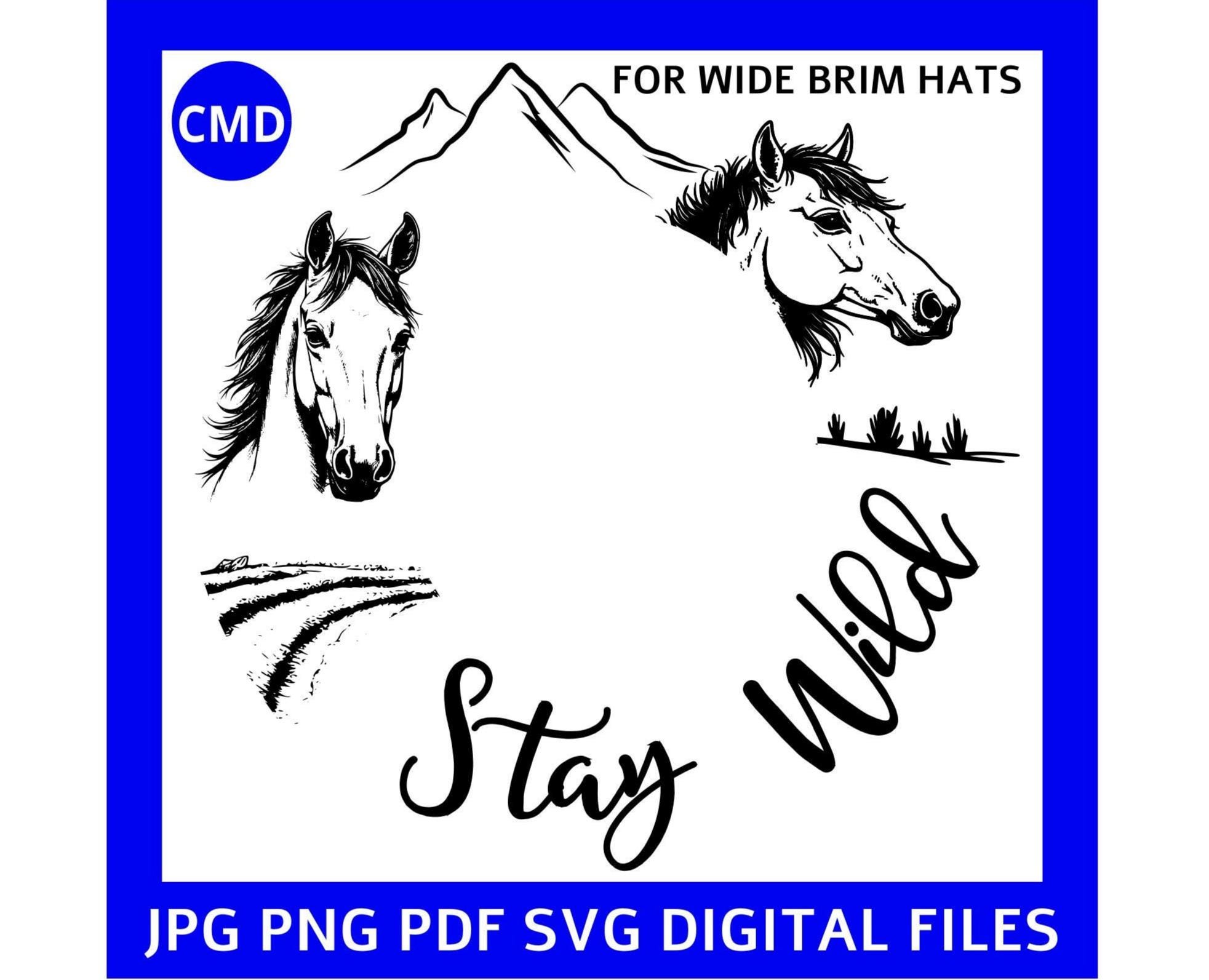 Chapéu com design de queima de cavalos selvagens, estampa de cavalo, compatível com laser, chapéus de aba larga, modelo de pirografia faça você mesmo, arquivos digitais png jpg pdf SVG