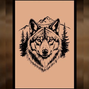 Op de afbeelding: Zwart-wit illustratie van een wolf met een berg- en dennenboomachtergrond. De tekst "For Hand Burning" staat bovenaan en "CoolMoonDesigns" onderaan. De afbeelding staat tegen een lichtbruine achtergrond.