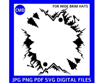 Design de chapéu queimando com montanhas e árvores, padrão de pinheiros, compatível com laser, modelo de pirografia, abas largas, arquivos digitais png pdf jpg SVG