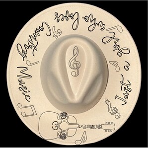 May include: Cream-colored fedora hat with black script and musical notes. The hat features the text "Just a girl who loves Country Music" and a guitar graphic. A treble clef is in the center.