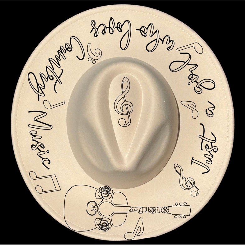 May include: Cream-colored fedora hat with black script and musical notes. The hat features the text "Just a girl who loves Country Music" and a guitar graphic. A treble clef is in the center.