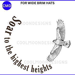 May include: Black and white illustration of a hawk in flight, with the words "Soar to the highest heights" in a circular arrangement. The image is labeled "Commercial and Personal Use" and includes file type options: SVG, PNG, JPG, DXG, EPS, and PDF.
