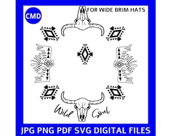 Western Hat Burning Design, Thunderbird, Cow Skull, Hat Burning Pattern, Pyrography Template, Wide Brim Hats, Cowboy, Digital Files png SVG