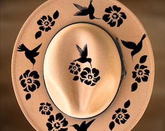 Hummingbird Narrow Brim Hat Burning Design, Hand Burn Pyrography, Easy Beginner Friendly