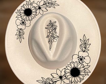 Sunflower Hat Burning Design, Wide Brim Pyrography Pattern, Easy Floral Bouquet, Digital Download