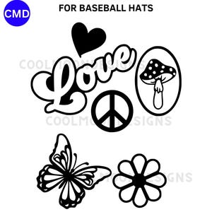 Faux Hippie Baseball Hat Burning Design, Peace Love Flower Pattern, Trucker Cap Patches, Pyrography Template, Digital Files svg png pdf jpg