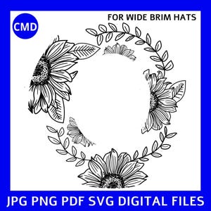Sonnenblumen auf dem Display breite Krempe Hut Brennen Design, Sonnenblume Hut Vorlage, florales Pyrographie-Muster, digitaler Download png pdf jpg SVG