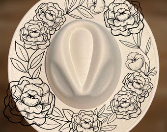 Hat Burning Design, Peonies Wreath Wide Brim Pattern, Hand Burn, Beginner Friendly, Digital Download