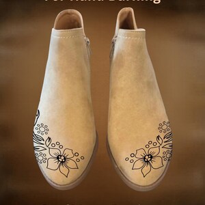 May include: A pair of beige ankle boots with a floral design. The boots have a side zipper and a pointed toe. The text "For Hand Burning" and "CoolMoonDesigns" are visible.