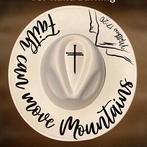 Diseño de sombrero con la frase "La fe mueve montañas", patrón de pirograbado de ala ancha, descarga digital.