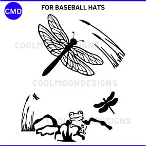 Cappello da baseball con libellula che brucia, motivo con libellule e rane, vita di stagno, modello per pirografia fai da te, stampa e ricalca, download digitale